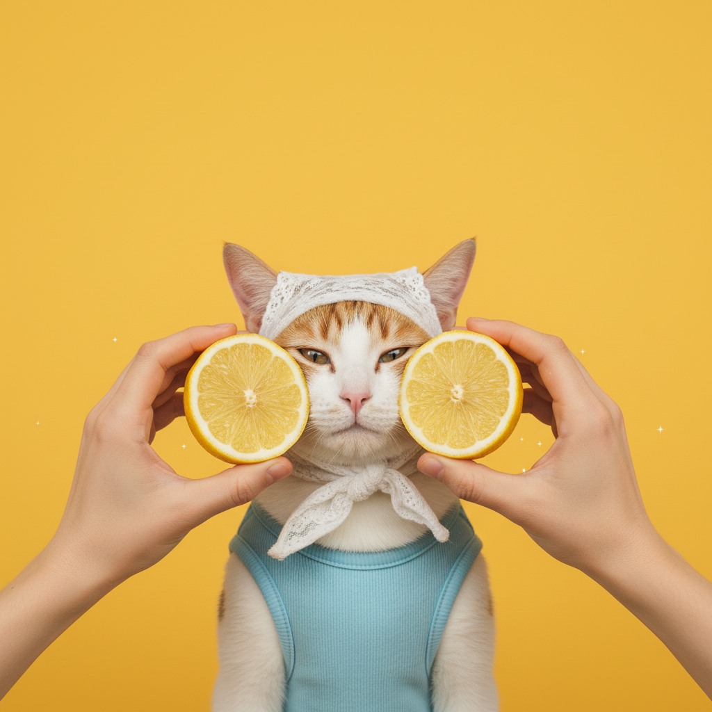 保持猫咪脸不变，生成一套复古风宠物写真，背景为纯明黄色，猫咪戴着白色蕾丝小头巾，身穿淡蓝色无袖背心。 画面中有人双手各... - Obra de  Arte IA | NanoBanana | NanoBanana - AI, image size:1024x1024